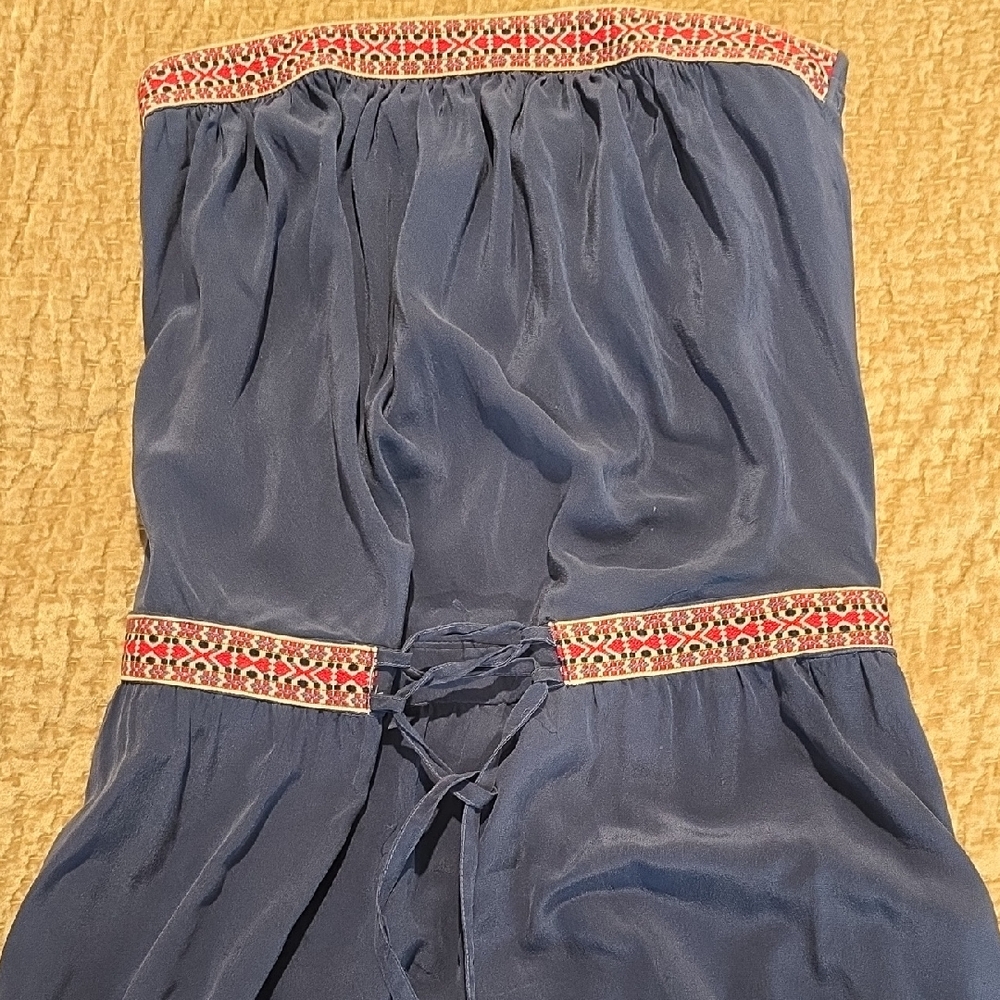 Gyspy 05 Size Small Blue Strapless Dress with Red and White Trim 100% Silk